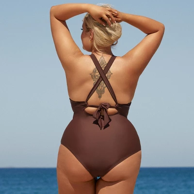 Women's Plus Size Mesh Cross Back One Piece Swimsuit -Cupshe 2 Women's Plus Size Mesh Cross Back One Piece Swimsuit -Cupshe - Image 2