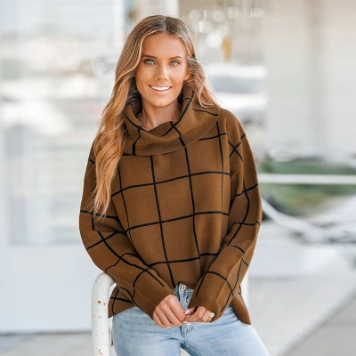 Women's Grid Print Drop Sleeve Turtleneck Sweater - Cupshe 3 Women's Grid Print Drop Sleeve Turtleneck Sweater - Cupshe - Image 3