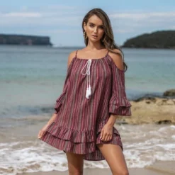 Women's Striped Open-Shoulder Tassel Dress - Cupshe