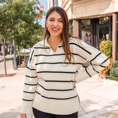 Women's Striped V-Neck Collar Sweater - Cupshe 1 Women's Striped V-Neck Collar Sweater - Cupshe