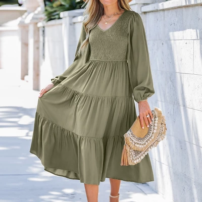 Women's V-Neck Smocked Midi Dress - Cupshe 5 Women's V-Neck Smocked Midi Dress - Cupshe - Image 5