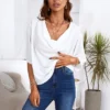 Women's Short Sleeve Drape Collar Shirt- Cupshe - White