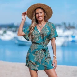Women's Teal Leaf Print Wrap Romper With Flutter Sleeves - Cupshe -BLAZER GUEST ef00fb78 b323 4e51 8b8e bb5885d6c42f