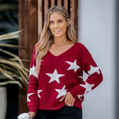 Women's Star Pattern V-Neck Drop Sleeve Sweater - Cupshe 3 Women's Star Pattern V-Neck Drop Sleeve Sweater - Cupshe - Image 3
