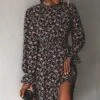 Women's Ditsy Floral Long Sleeve A-Line Mini Dress Smocked Dress - Cupshe - Black