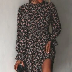 Women's Ditsy Floral Long Sleeve A-Line Mini Dress Smocked Dress - Cupshe - Black