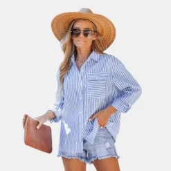Women's Striped Flap Pocket Dropped Long Sleeve Shirt -Cupshe -BLAZER GUEST f1cc9057 b721 46eb bd1b 2bcbdc31e6d0