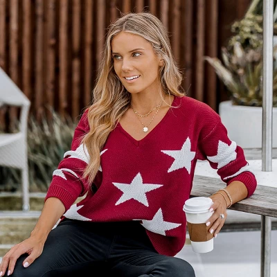 Women's Star Pattern V-Neck Drop Sleeve Sweater - Cupshe 6 Women's Star Pattern V-Neck Drop Sleeve Sweater - Cupshe - Image 6