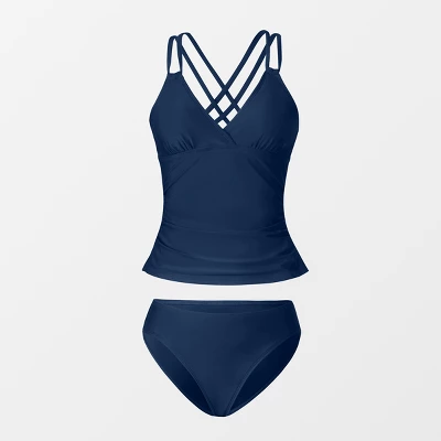 Women's V Neck Ruched Double Crisscross Tankini Set - Cupshe- Blue 1 Women's V Neck Ruched Double Crisscross Tankini Set - Cupshe- Blue
