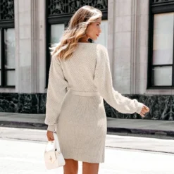 Women's Neutral V-Neck Belted Sweater Dress - Cupshe -BLAZER GUEST f6837cd0 8d3d 4ced a98b 948b919443b2
