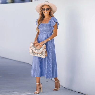 Women's Pinstriped Smocked Midi Dress - Cupshe 2 Women's Pinstriped Smocked Midi Dress - Cupshe - Image 2