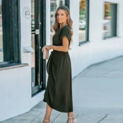 Women's Elegant Green Wrap Tie-Waist Shirt Dress - Cupshe