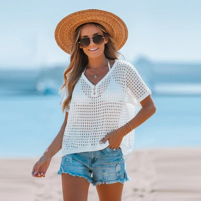 Women's Crochet V-Neck Cover-Up Top - Cupshe 4 Women's Crochet V-Neck Cover-Up Top - Cupshe - Image 4