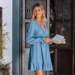 Women's Charming Dusty Blue Ruffle Mini Dress - Cupshe