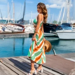 Women's Vibrant Striped Maxi Dress With Plunging Neckline - Cupshe -BLAZER GUEST fd11793e 0da3 42a9 8033 df5813200b00